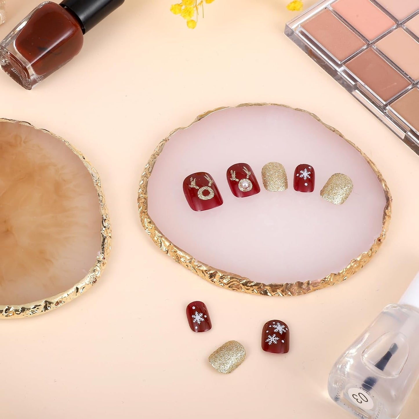 2 Pcs Resin Nail Art Palette, Nail Art Painting Mixed Color Palettes Gold Edge Nail Holder Nail Art Display Board (Coffee, White)