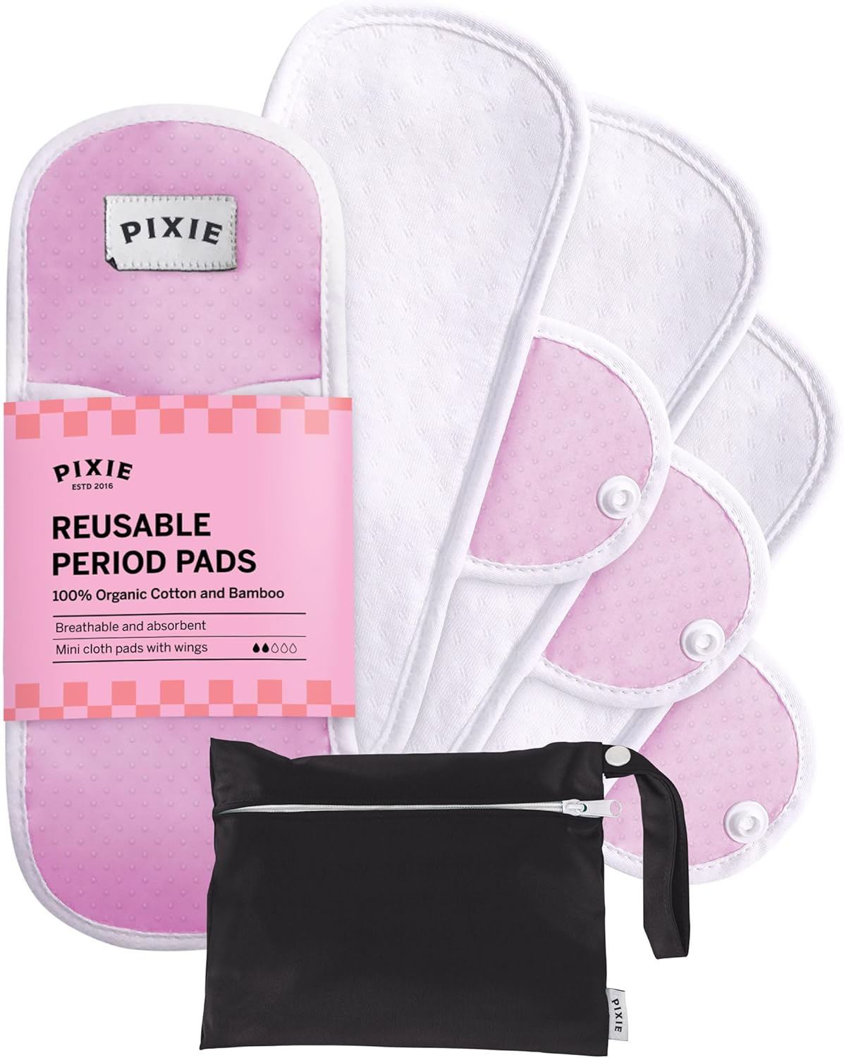 Pixie Cotton Cloth Pads - 100% Organic Reusable Cotton -Ranked 1 for Softest Menstrual Sanitary Napkins - Machine Washable & Includes Free Wet Bag - Menstrual Liner (Mini)
