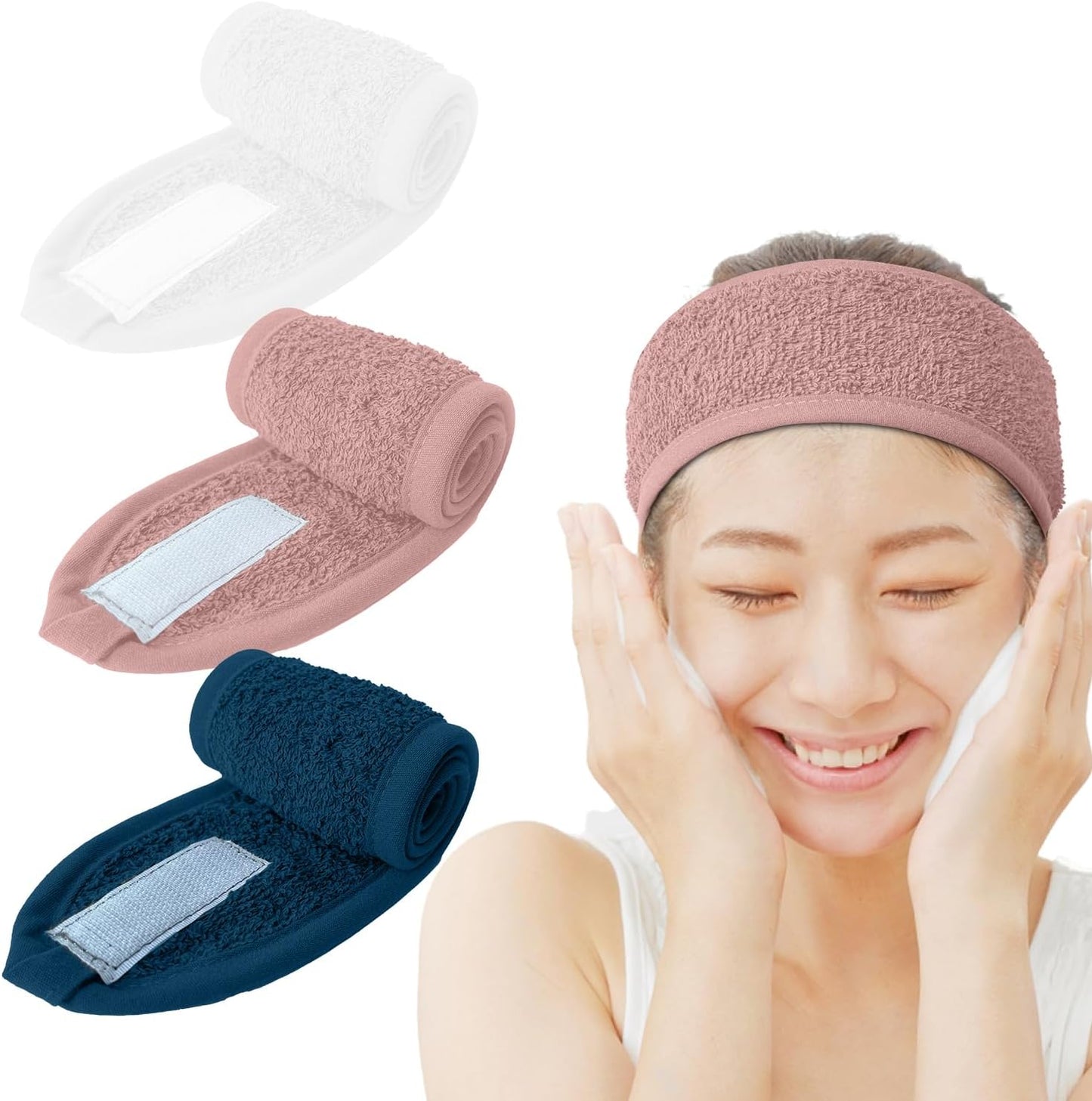 Dan River Facial Spa Headband, Pack of 3, Makeup Shower Bath Wrap Sport Headband Velcro Adjustable Ultra Soft Terry Cloth Stretch Towels for Face Washing, Shower, Yoga and Makeup