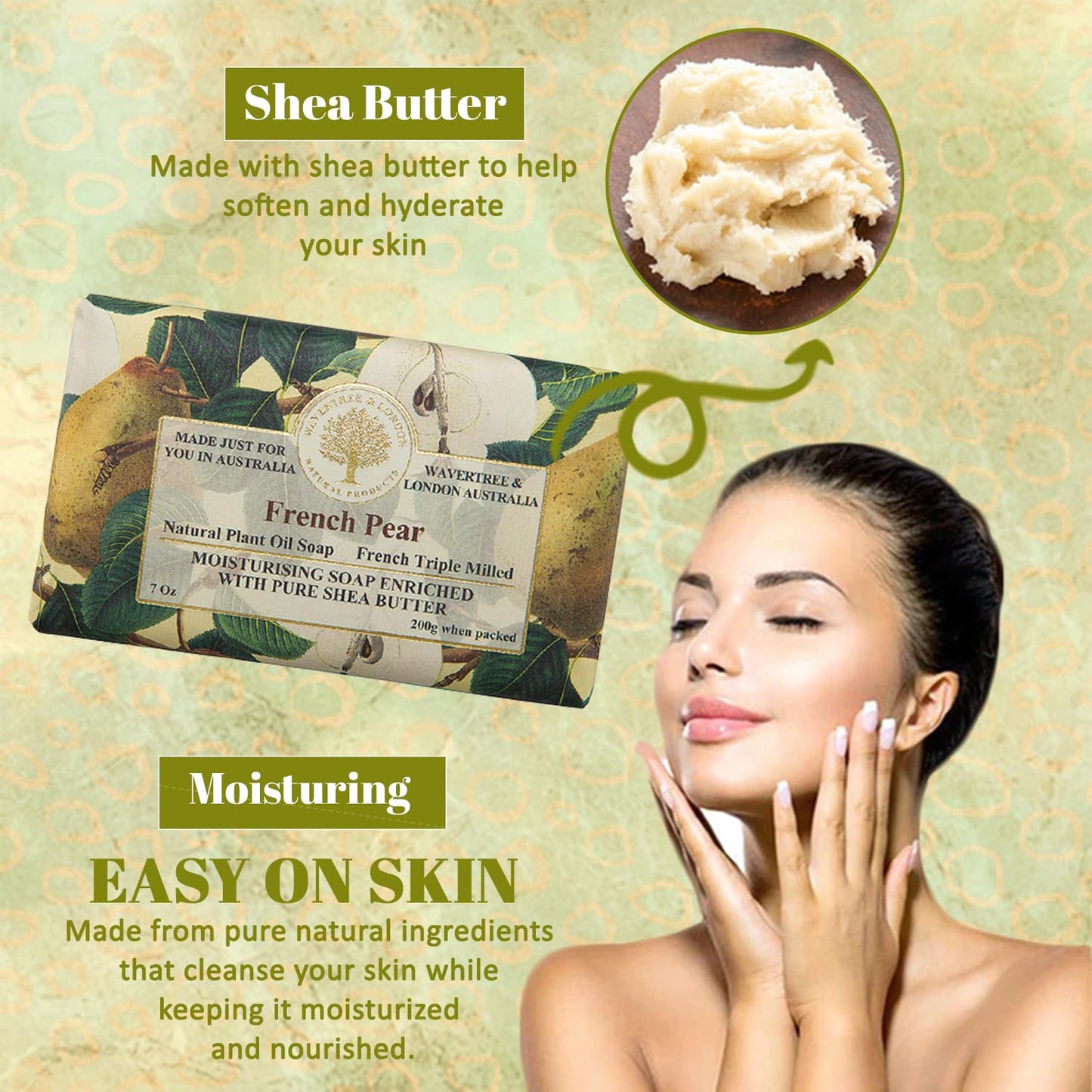Wavertree & London French Pear Scented Natural Soap (8 Bars), 7oz Moisturizing French Triple Milled Soap Bars enriched with shea butter - Pure Plant Oil Bath & Body Bars for All Skin Types