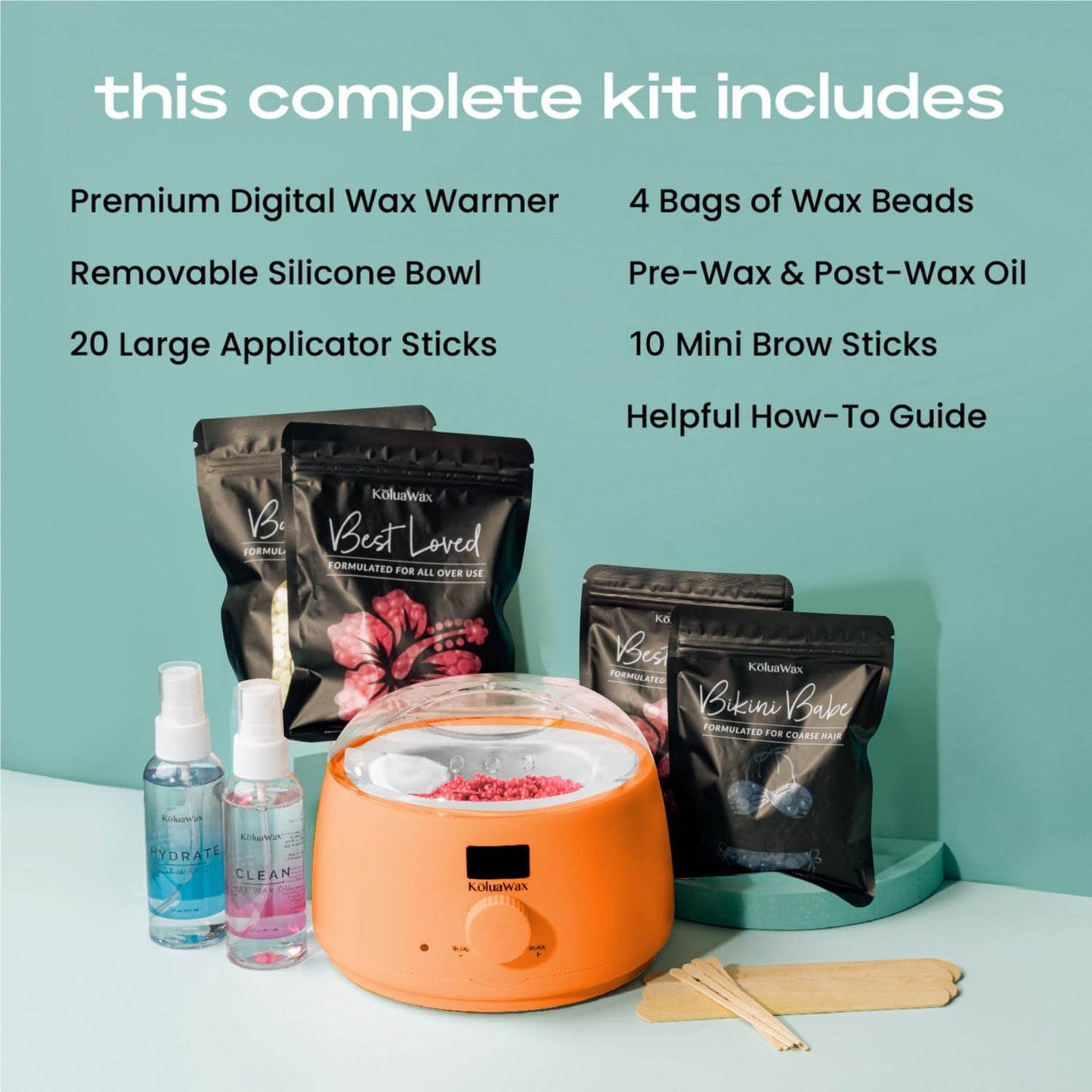 KoluaWax Premium Waxing Kit for Women - Hot Melt Hard Wax Warmer for Hair Removal, Eyebrow, Bikini, Legs, Face, Brazilian Wax - Machine, 4-Pack Beads, Accessories, Peach Fuzz