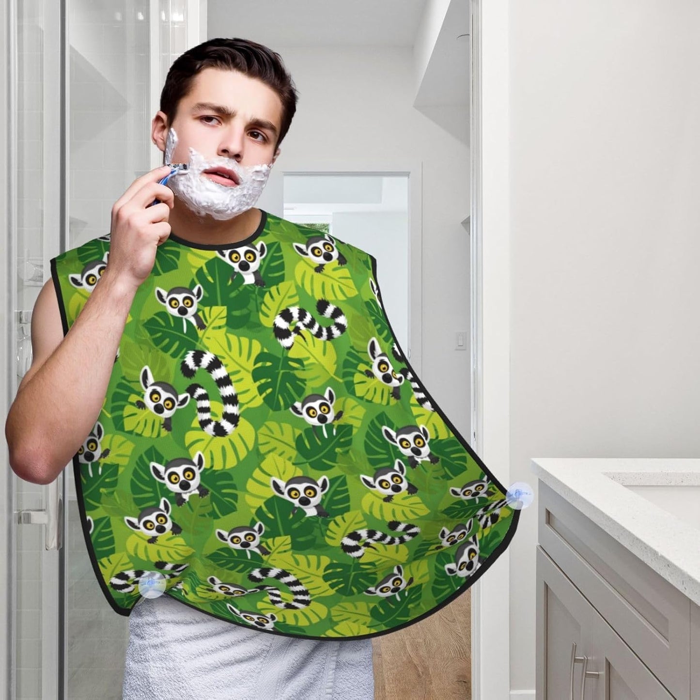 Waterproof Beard Trimming Bib, Non-Stick Hair Catcher for Men Shaving, Grooming Apron for Husband Dad, Tropical Green Leaves Exotic Jungle Animal Lemurs Monkey Shave Bib