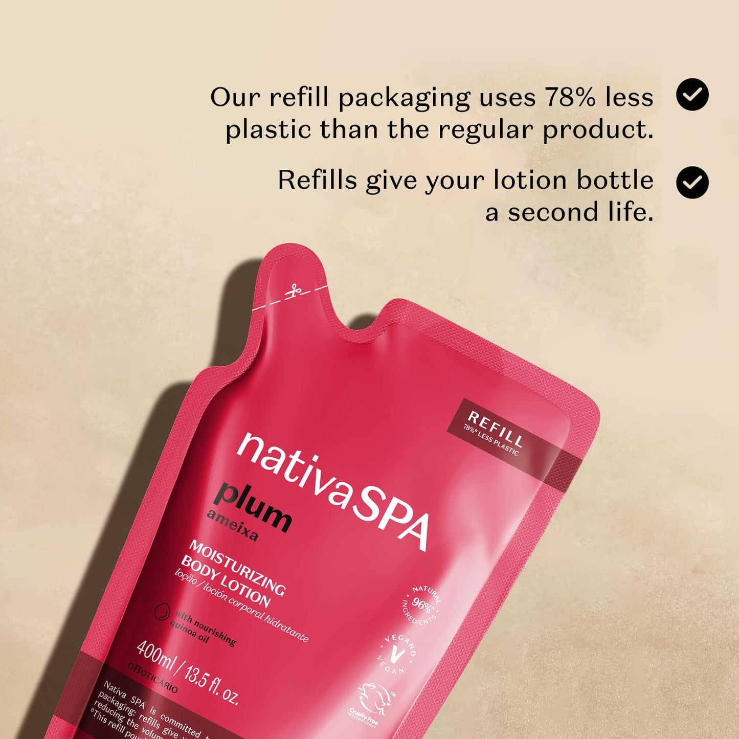 Nativa SPA by O Boticário, Plum Moisturizing Body Lotion Refill Pack, Fragranced Moisturizer Enriched with Purified Quinoa Drops to Boost Hydration, 13.5 Ounce