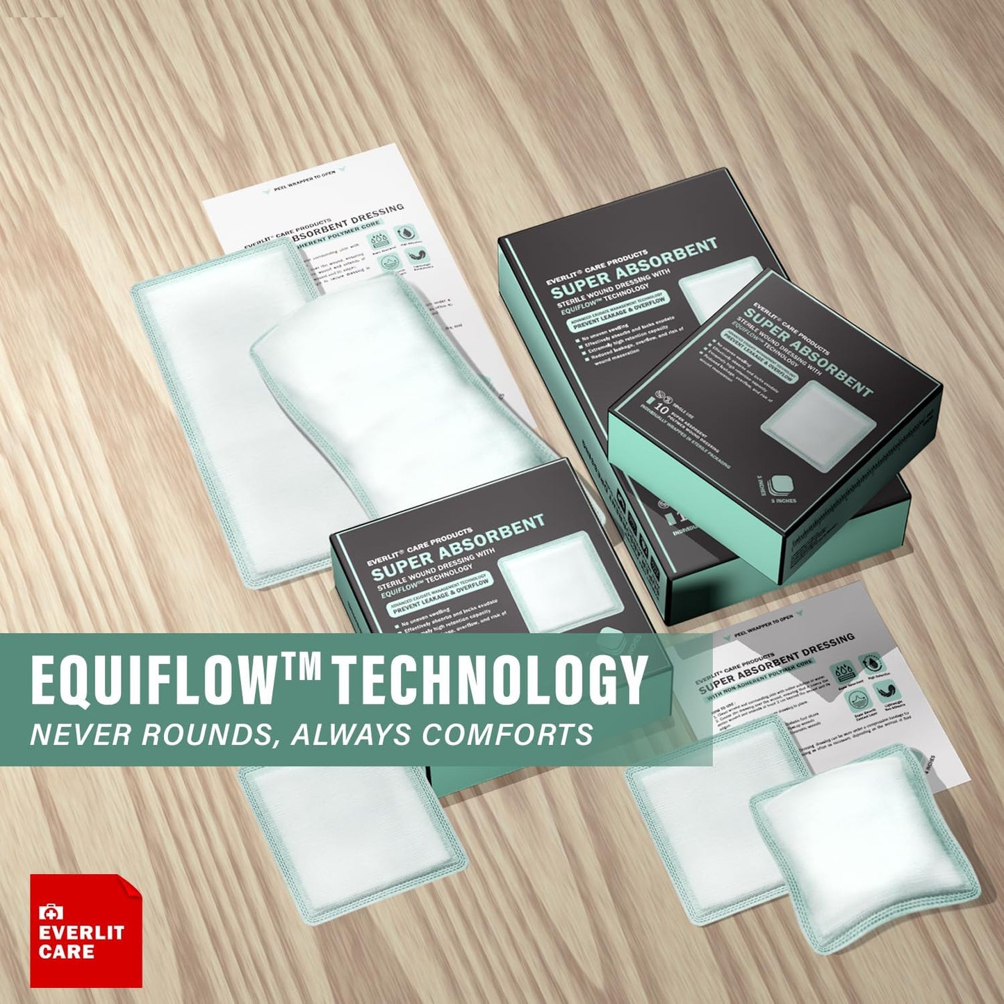 EquiFlow Super Absorbent Dressing for Heavily Exuding Wound | Fast-Absorbing Non-Adhesive Polymer Dressing with Nonstick Gauze Pad | High Absorption & Retention | Pack of 10 (4" x 4")