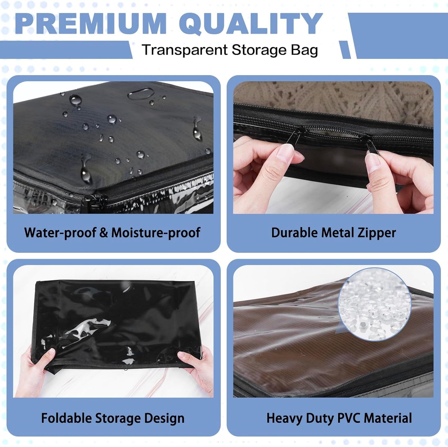 Clear Zippered Storage Bags Plastic Sweater Storage Bags with Zipper 6 Packs Clothing Organizer for Blankets Linen Sweater Bed Sheet Quilt Clothes Pillow (12 x 12 x 4 Inch, Black)