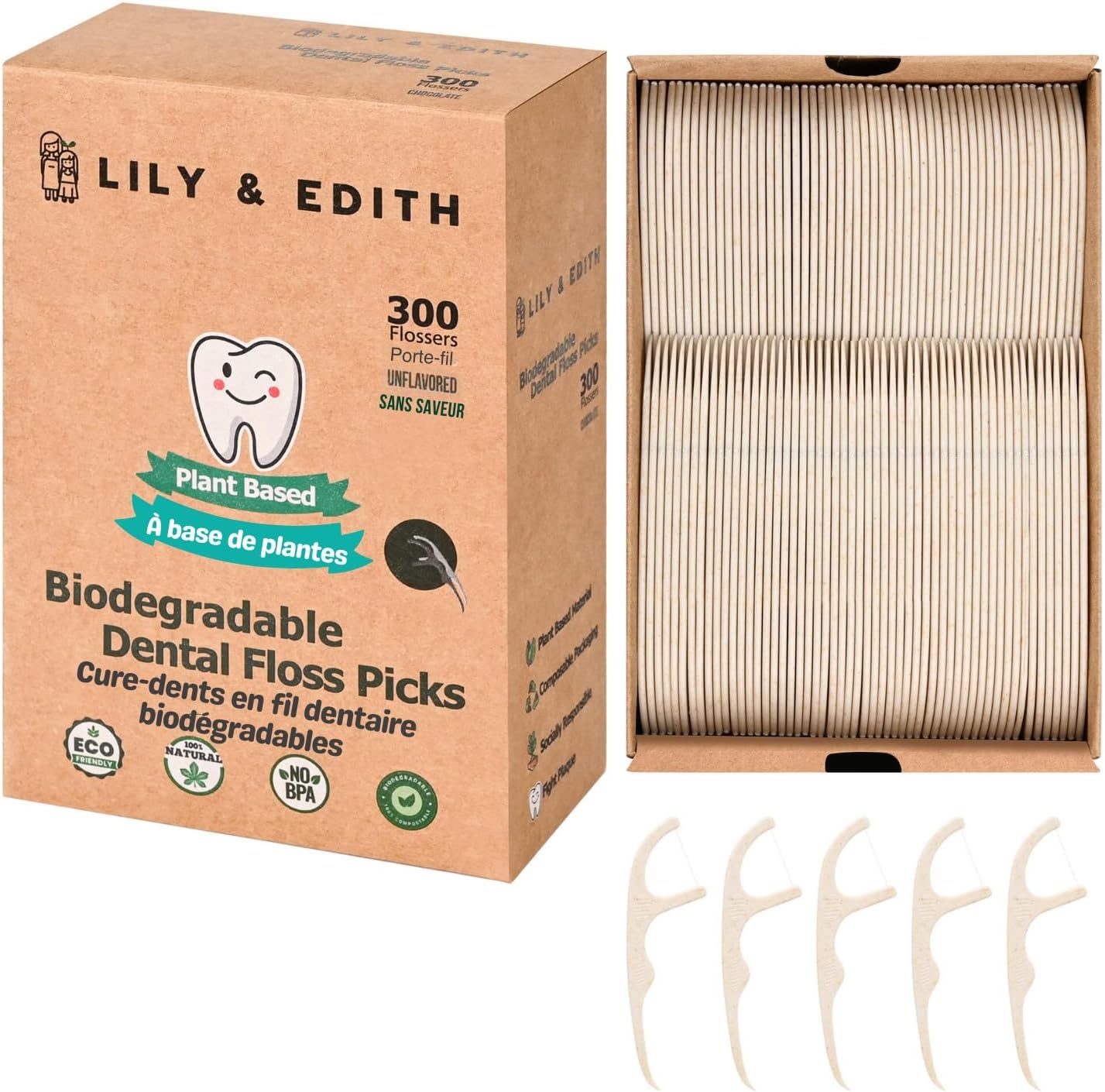 LILY & EDITH Plant Based Dental Floss Picks Adults and Kids 300 Counts, Fluoride-Free, Plant Based Straw Wheat, Earth Friend, Zero Waste Package, Shred Resistant (Unflavored)