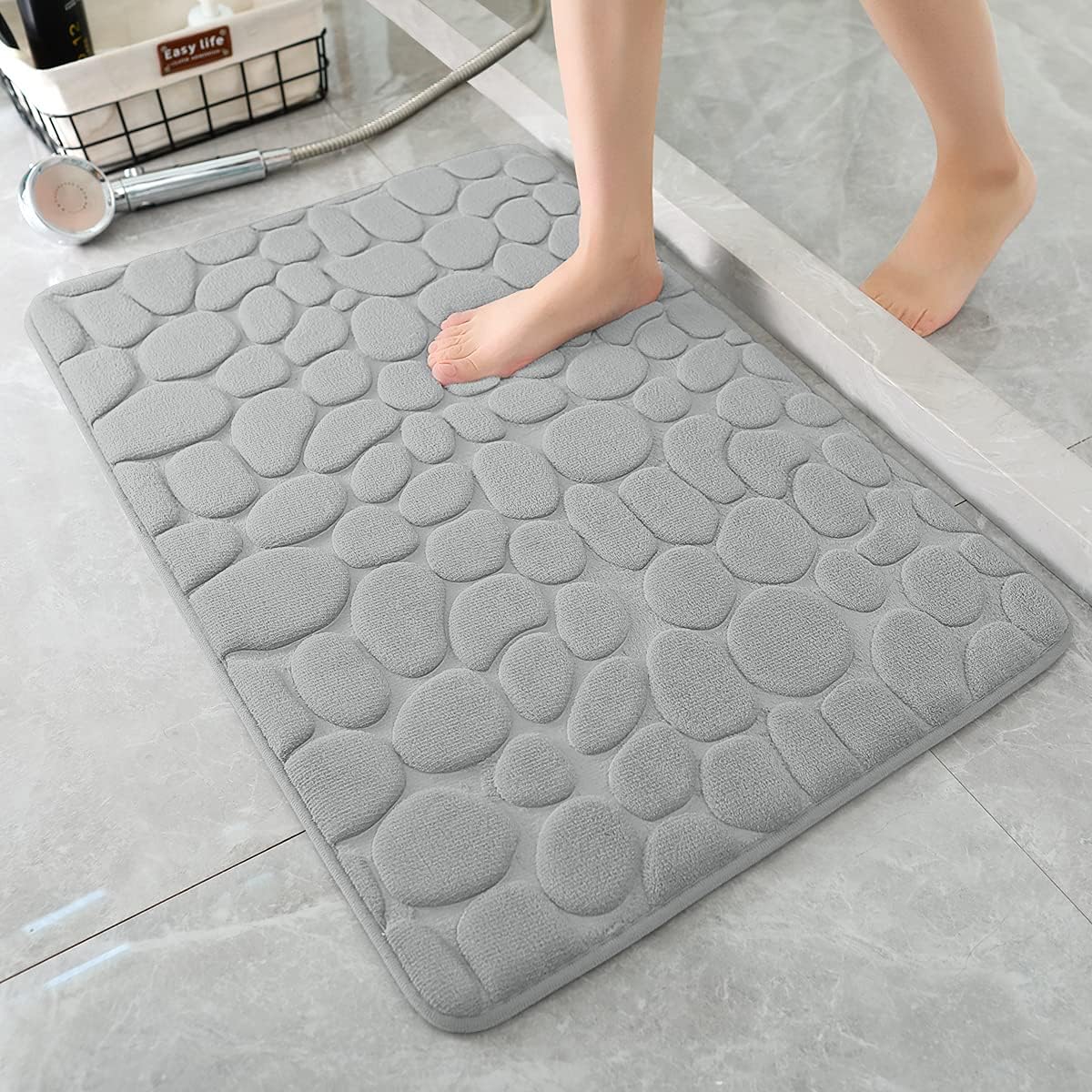 YIHOUSE Memory Foam Bath Mat Cobblestone Bathroom Rugs Super Water Absorbent Bath Mats for Bathroom Machine Washable Bath Rugs(17x24,Light Gray)
