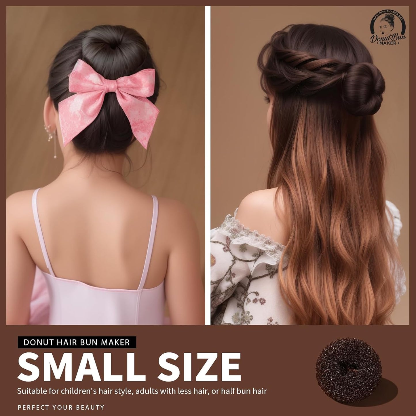 Teenitor Hair Bun Maker for Kids Girls - 4pcs Brown Ballet Buns in 4 Sizes, Hair Donuts