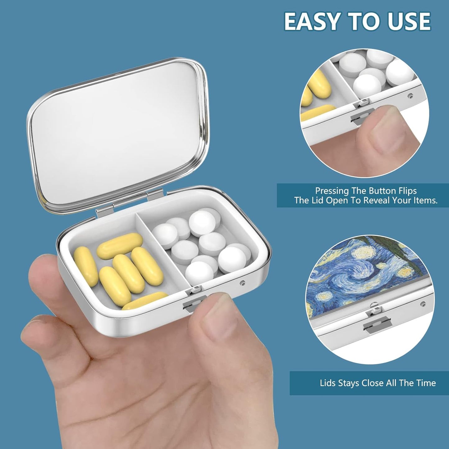 Pill Box 2 Compartment Small Pill Case,Portable for Pocket or Purse Pill Organizer Pill Container Holder to Hold Vitamins, Medication, Fish Oil and Supplements(Almond Blossom)