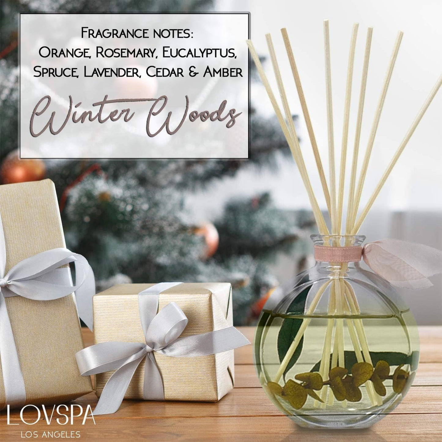 LOVSPA Reed Diffuser Set, Winter Woods Scented Oil Diffuser with Sticks, Home Fragrance Accessories for Bathroom Shelf Decor, Aroma Diffusers for Home or Office Desk, USA Made
