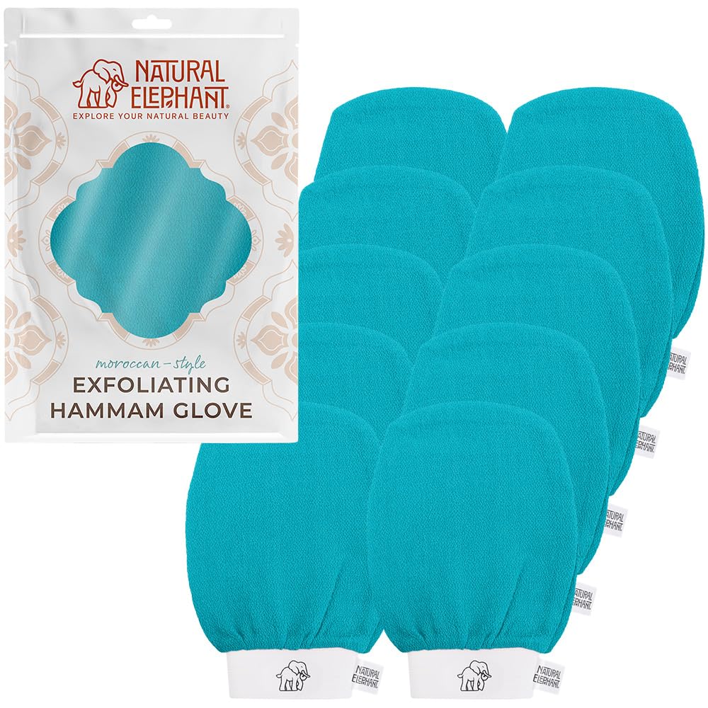 Natural Elephant Exfoliating Hammam Glove - Face and Body Exfoliator Mitt 5 and 10 Packs (Teal Waves (Pack of 10))