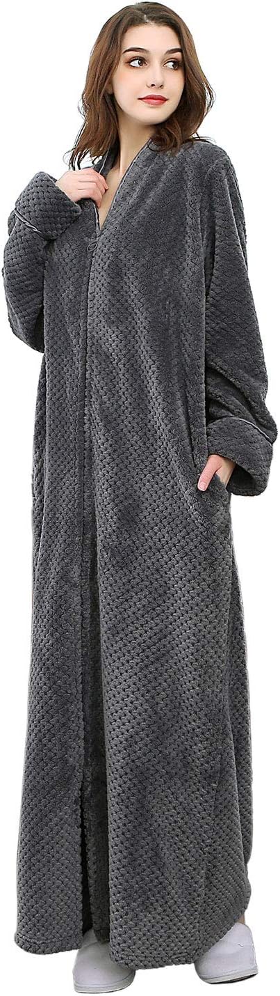 Artfasion Womens Fleece Robe Plush Long Zip Front Bathrobe with Pockets Warm Soft Zippered Bathrobes for Women