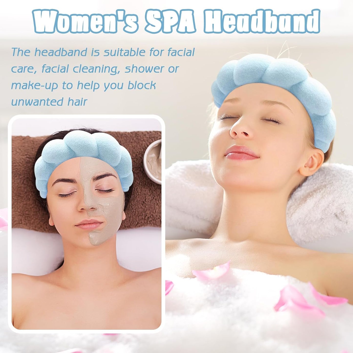 Zkptops Spa Headband for Washing Face Wristband Set Sponge Makeup Skin Care Terry Cloth Bubble Soft Get Ready Light Blue Hairband Women Girls Puffy Padded Headwear Non Slip Thick Hair Accessory