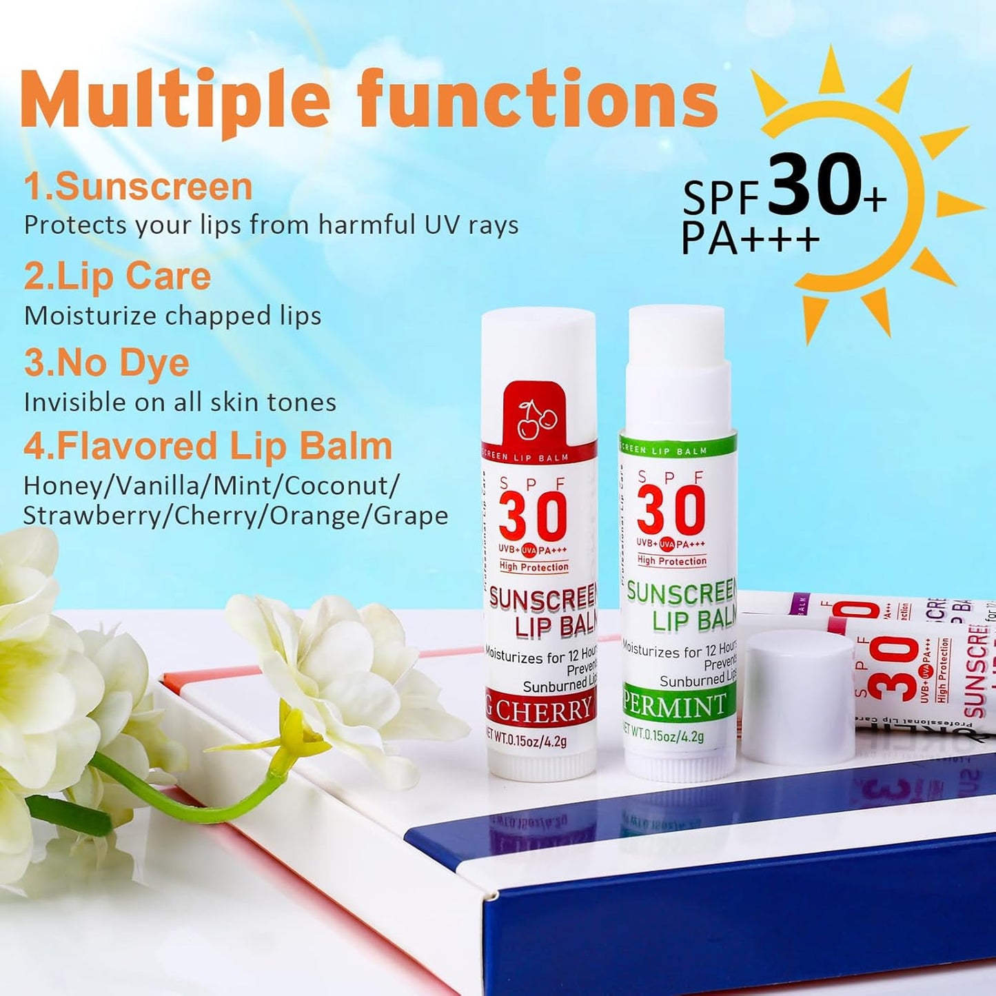 SPF 30 Lip Sunscreen, SPF Lip Balm Travel Size 16 Pack, Hydrating Lip Balm Bulk with Vitamin E and Coconut Oil- 8 Flavors