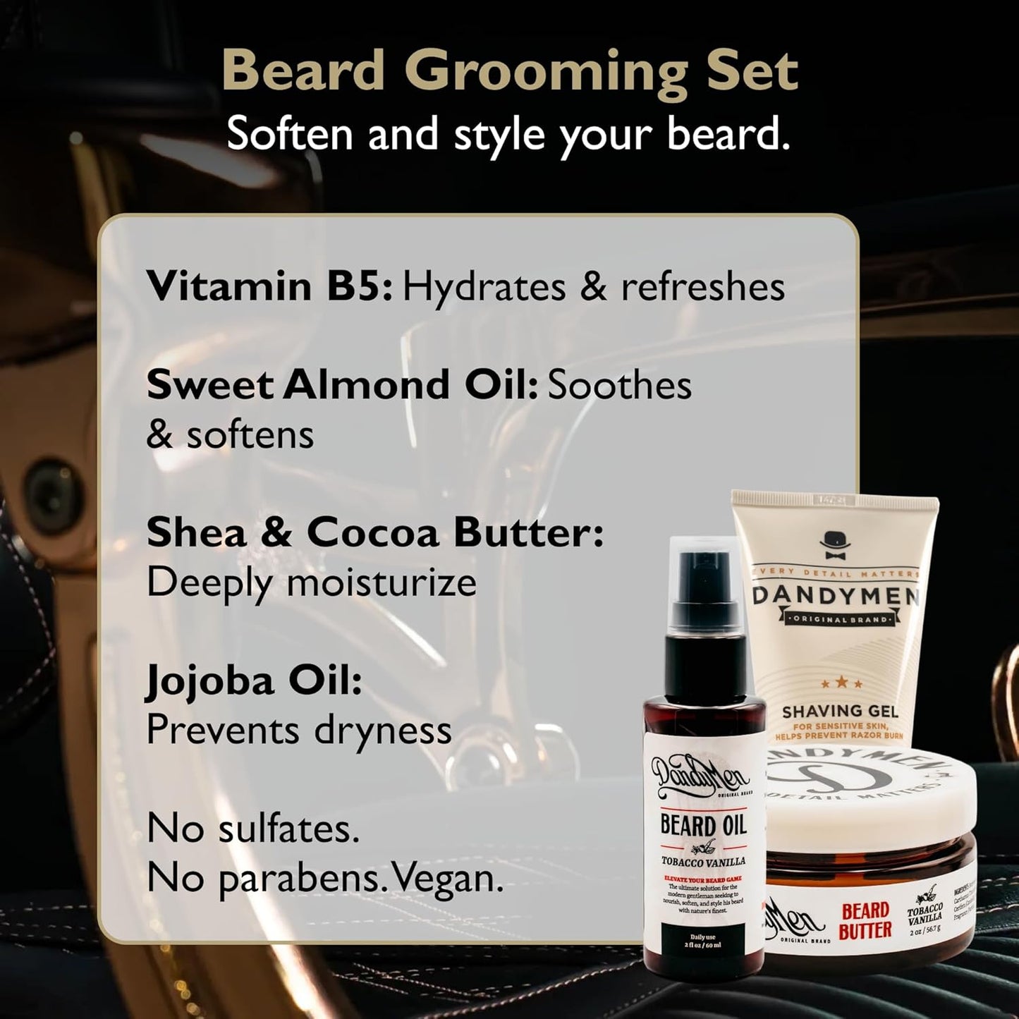 Beard Grooming Set – Beard Oil, Beard Butter & Shaving Gel – Hydrate, Soften & Style (3-pack, Tobacco Vanilla)