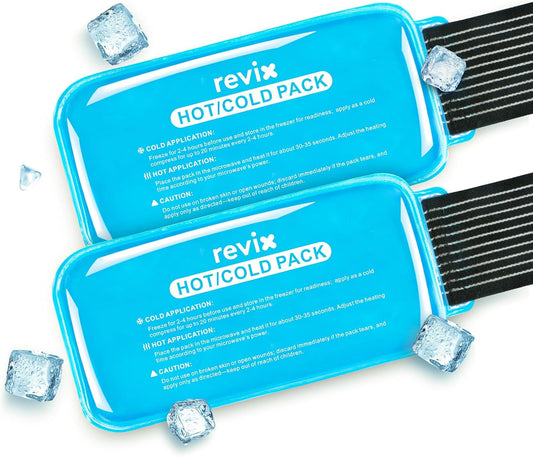 REVIX Ice Packs for Injuries Reusable, 2 Packs Hot & Cold Gel Ice Packs with PVC Cooling Design & Adjustable Strap, Flexible Therapy on Joints, Muscles, Shoulder, Back and Knee (10" x 5" Blue)
