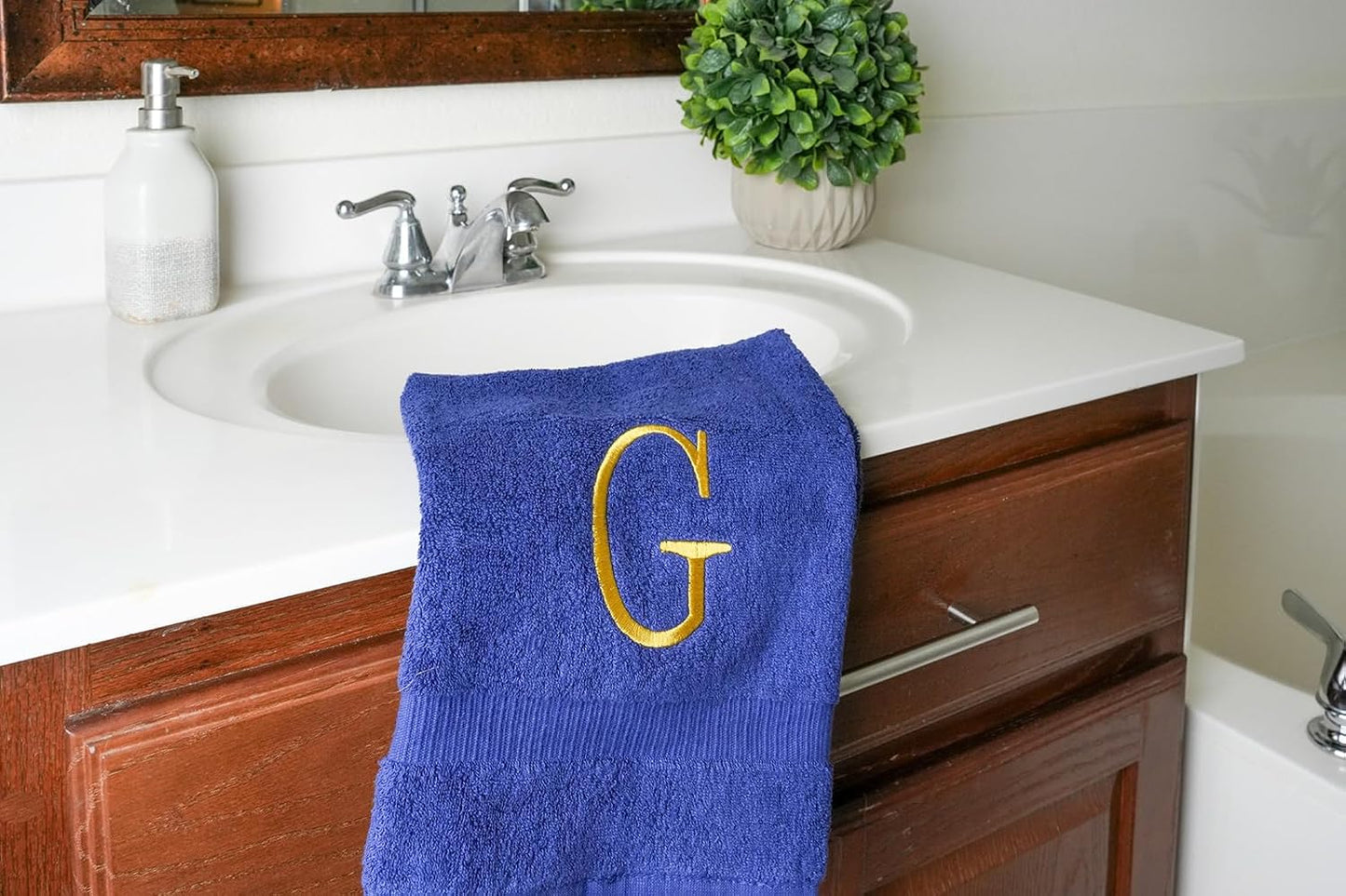 Navy Powder Room Hand Towel - Monogram Initial Hotel Quality Decorative Embroidered Luxury Towel for Spa - GOTS Organic Certified - Set of 2 Gold Letter G