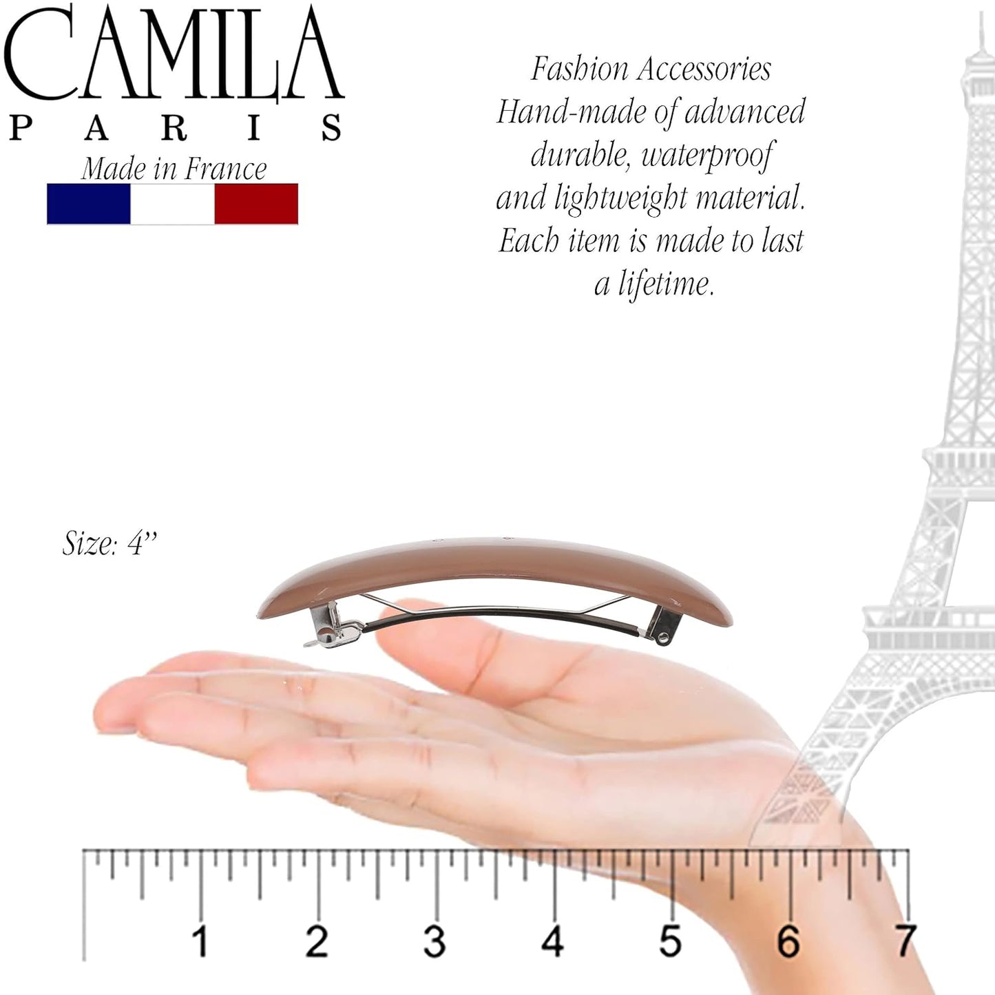 Camila Paris CP3440 French Hair Barrette Clip for Girls, Brown, Rubberized Automatic Clasp Strong Hold Grip Hair Clips for Women, No Slip and Durable Styling Girls Hair Accessories, Made in France