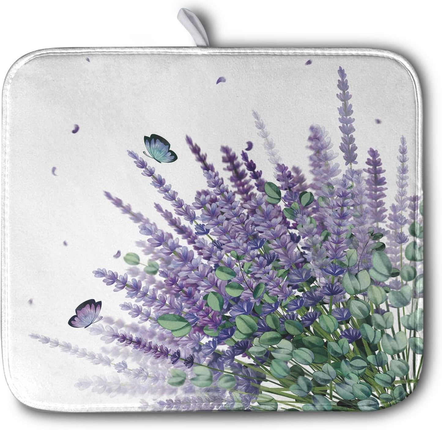 Purple Lavender Dish Drying Mat for Kitchen Counter Spring Summer Floral Microfiber Dish Drainer Mats Green Leaves Butterfly Absorbent Reversible Dish Drainer Rack Mat 16x18 Inch