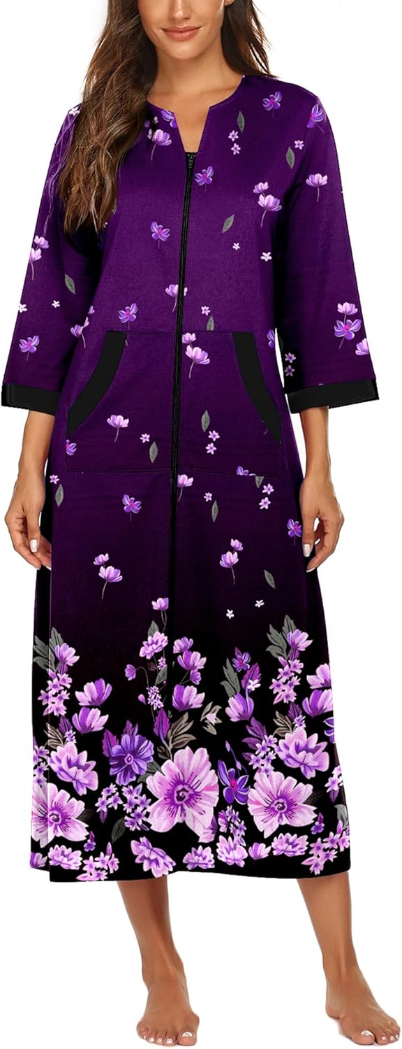 Ekouaer Women Zipper Robe 3/4 Sleeves Loungewear Dress Full Length Sleepwear Pockets Housecoat Nightgown Long Bathrobe