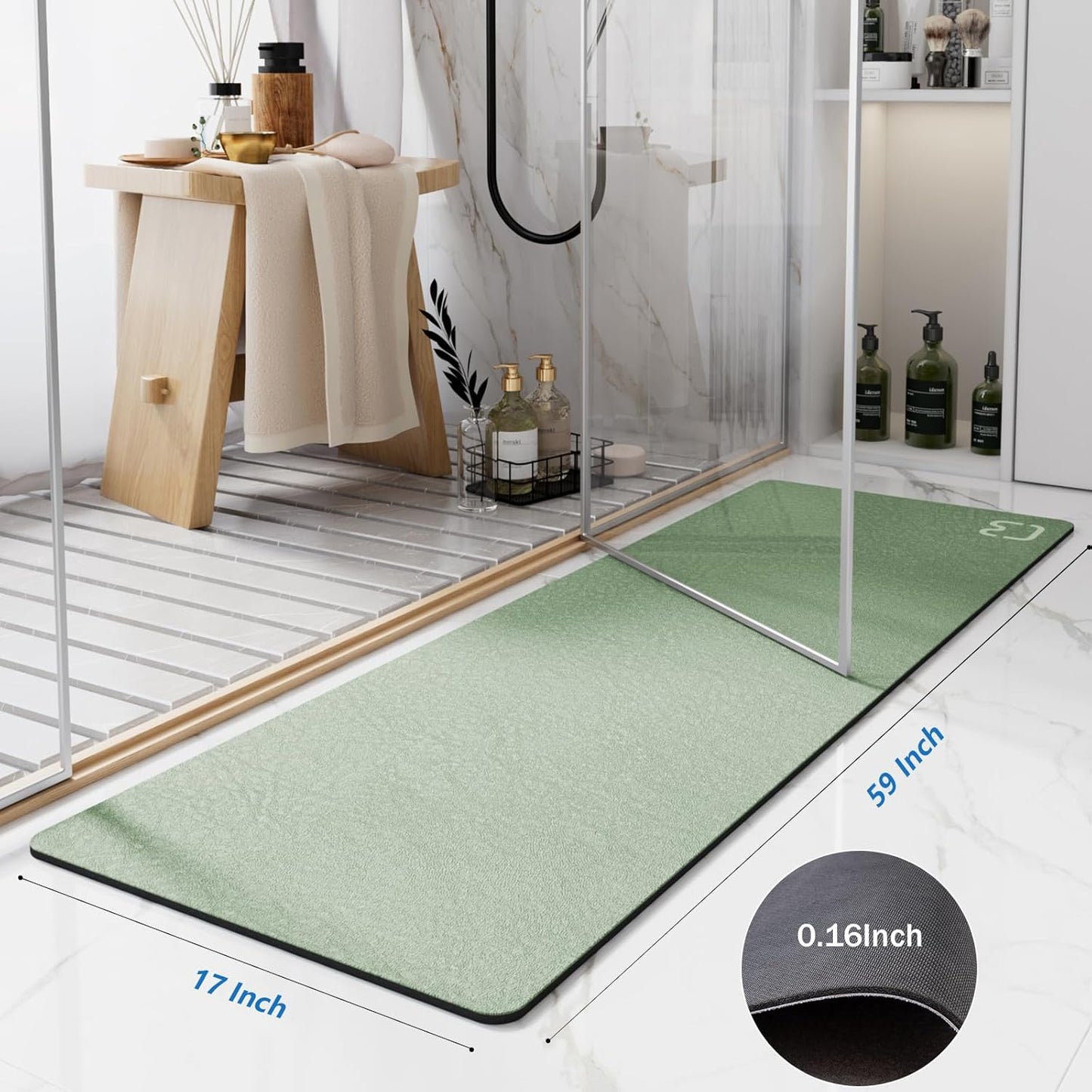 Diatomaceous Earth Bath Mat 17" x 59" Extra Long Bathroom Mat Large Fast Dry Super Absorbent Non-Slip Rubber Backed Shower Mat Bath Rugs Mats for Bathroom Floor, Tub, Shower, Sink, Sage Green