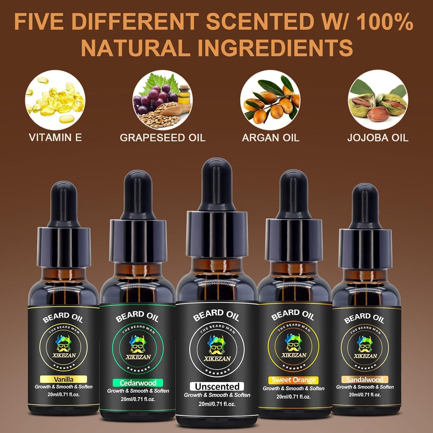 XIKEZAN 5 Pack Beard Oil Set w/Sandalwood, Orange, Vanilla, Cedarwood, Unscented for Beard Care, Moisturizing, Soften,Birthday Gifts for Men Him Dad Husband Christmas Gifts Stocking Stuffers