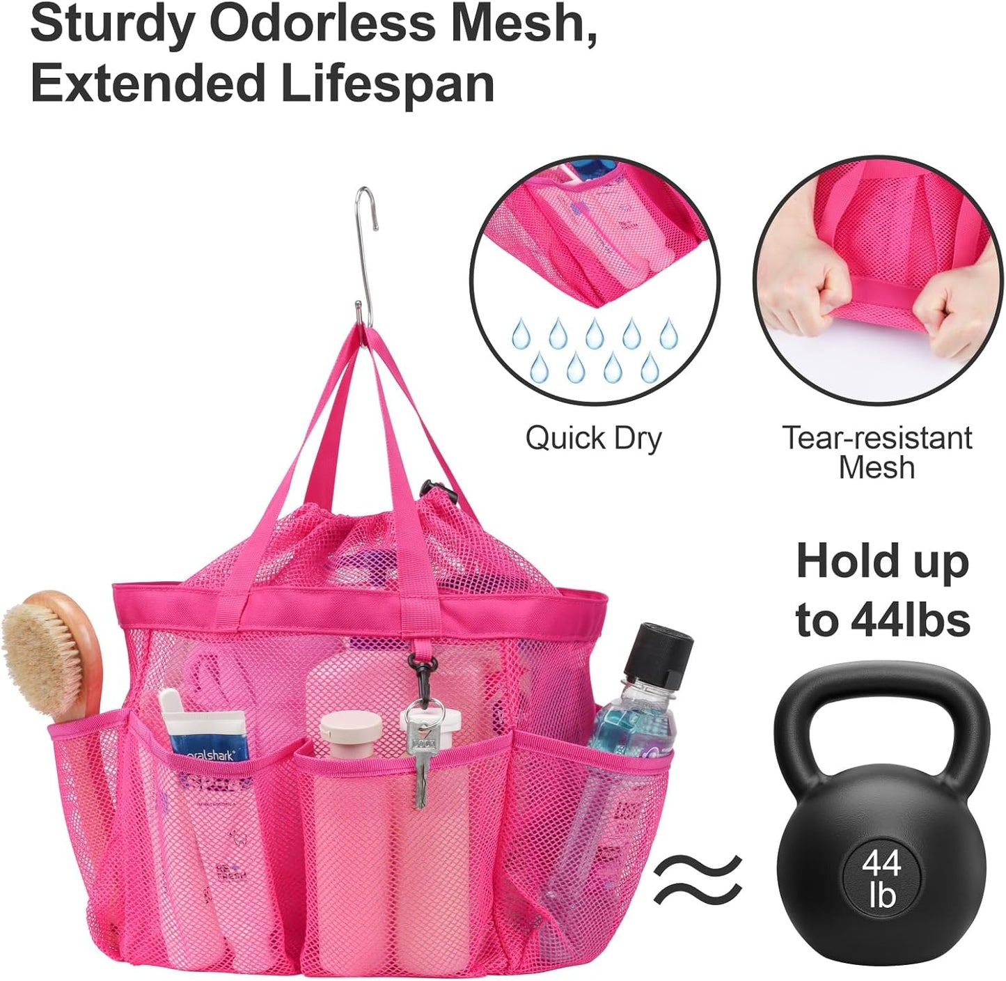 F-color Mesh Shower Caddy Portable with Drawstring - Upgrade Deeper 7 Pockets Dorm Room Essentials for Guys Girls with S Hook, Shower Bag Basket Tote for College Camping Toiletry Bathroom, Rose red