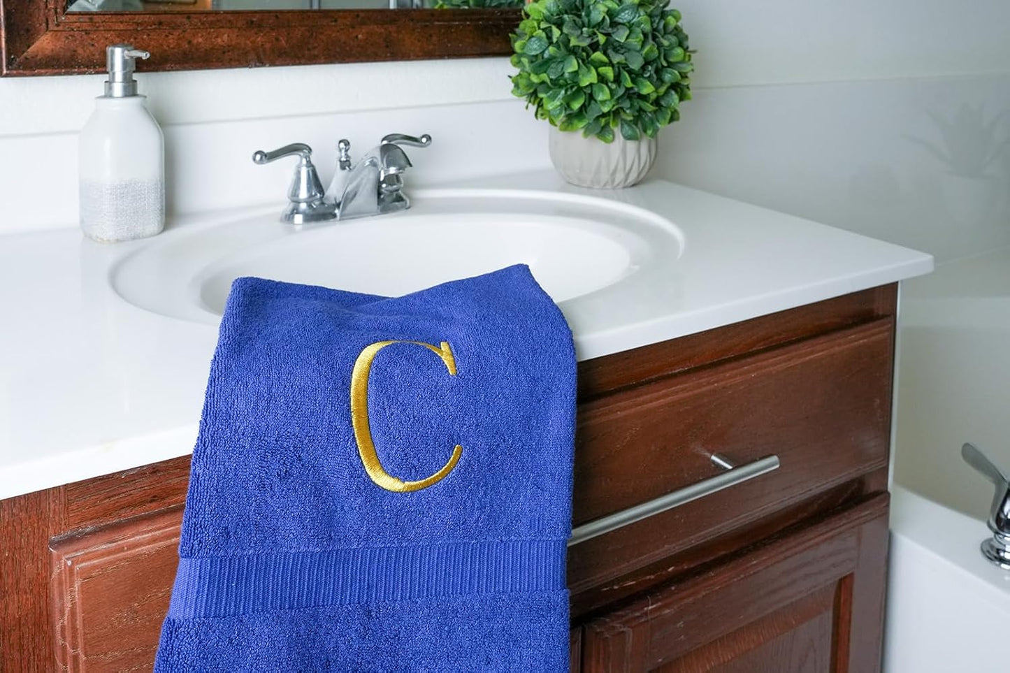 Navy Initial Hand Towel for Bathroom - Monogrammed Luxury Hotel Quality Decorative Embroidered Towel for Powder Room, Spa - GOTS Organic Certified - Set of 2 Letter C