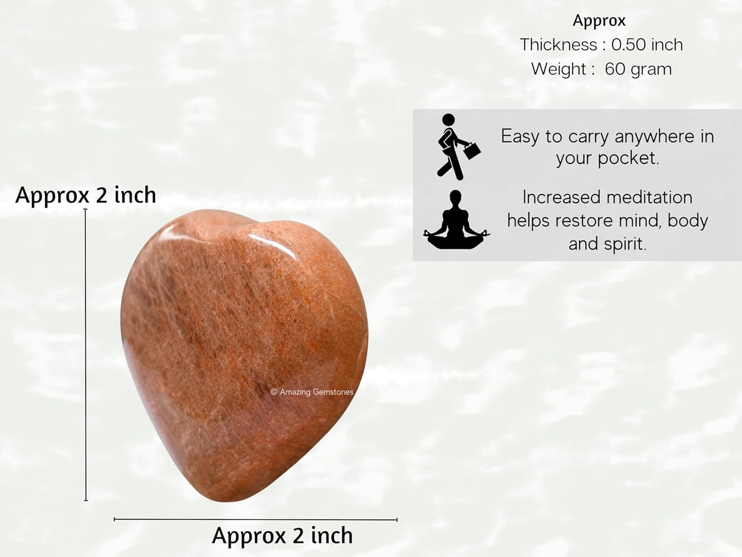 Peach Moonstone Crystal Heart Palm Stone - Pocket Massage Worry Stone for Natural Body Chakra Balancing, Reiki Healing and Crystal Grid