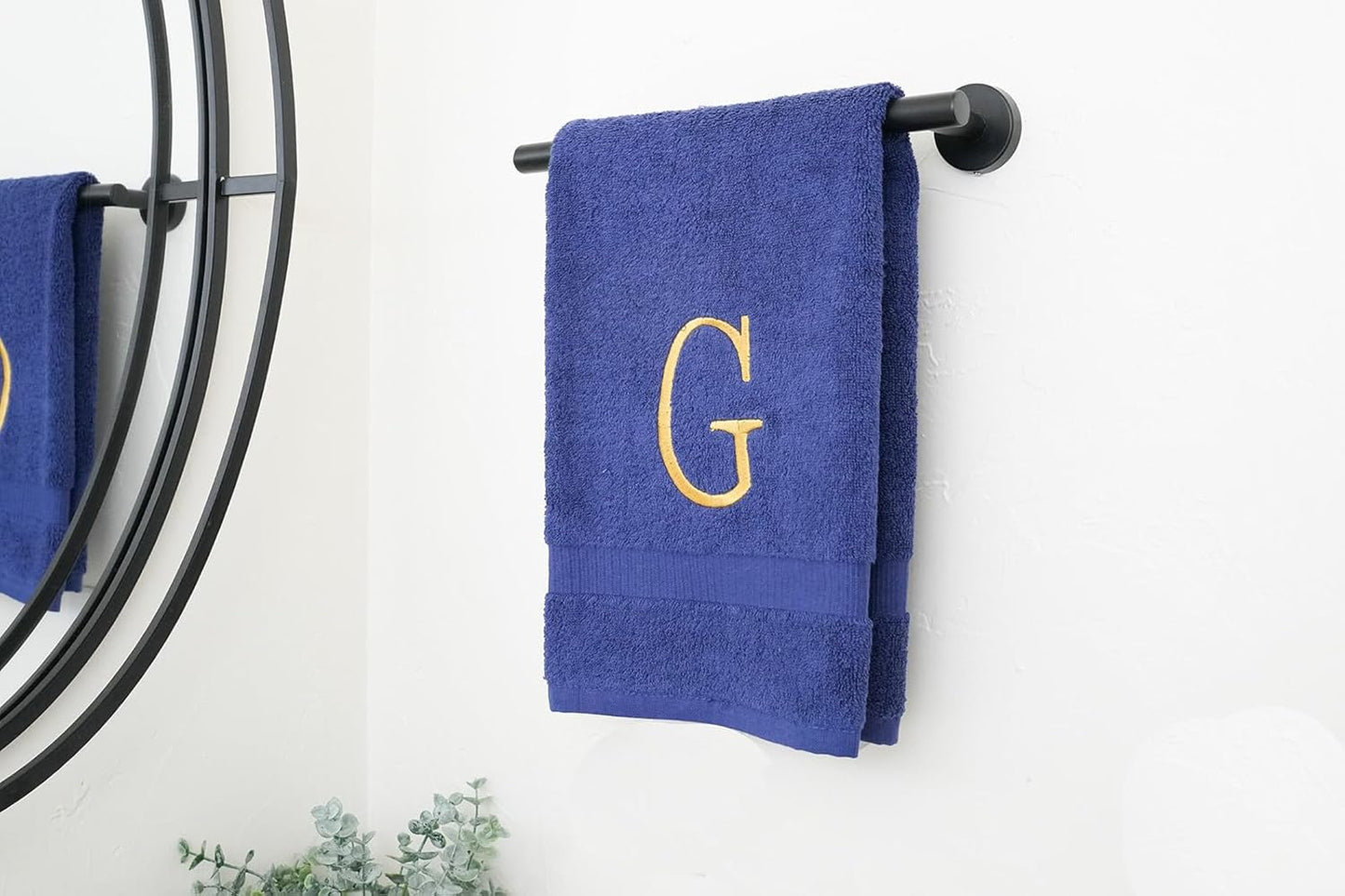 Navy Powder Room Hand Towel - Monogram Initial Hotel Quality Decorative Embroidered Luxury Towel for Spa - GOTS Organic Certified - Set of 2 Gold Letter G