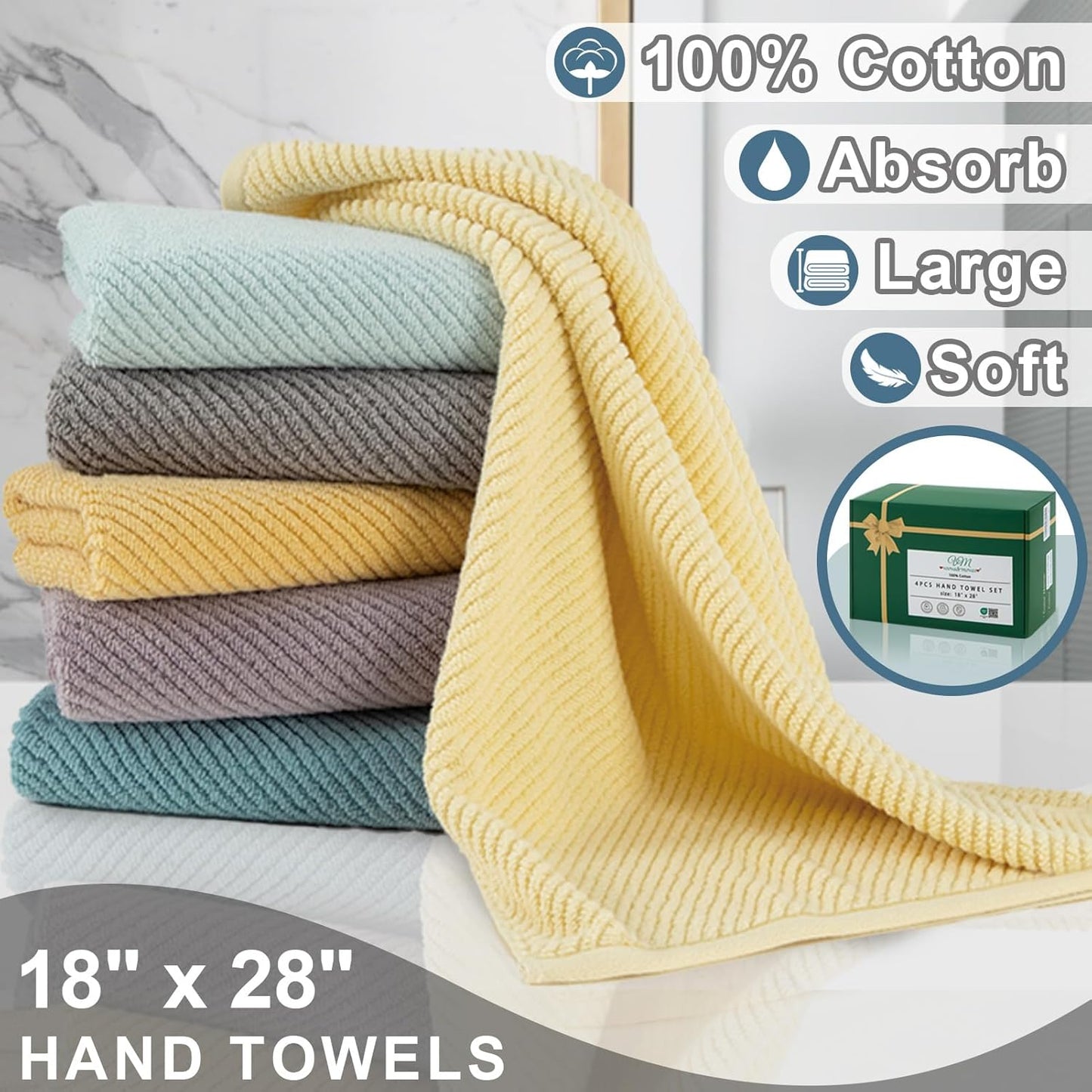 VOOVA & MOVAS Hand Towels for Bathroom Set of 4, Large 18" x 28", 100% Cotton | Lightweight | Thick | Quick Dry | Soft | Absorbent, Bath Hand Towels for Bathroom, Towel Gift Set, Dark Blue