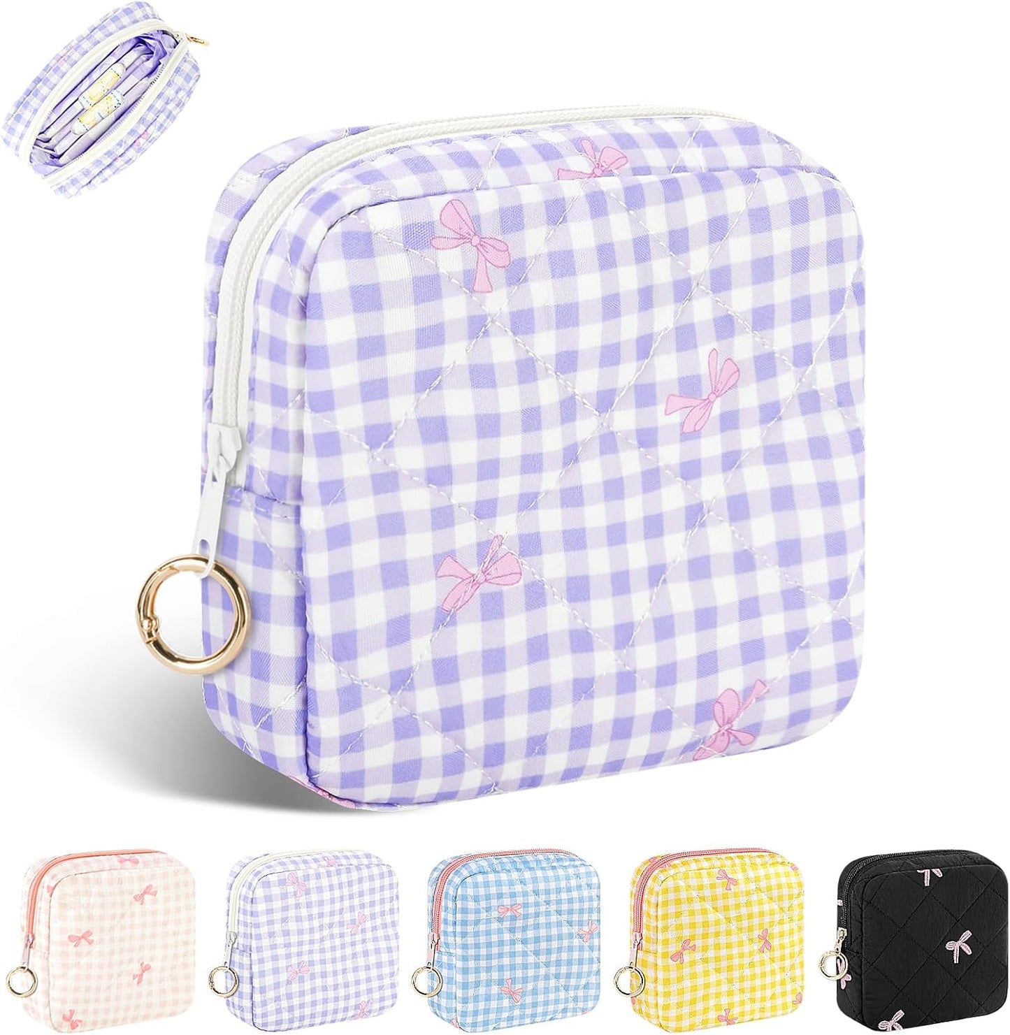 Period Bag for Teen Girls, Quilted Sanitary Napkin Storage Bag, Cute Bow Tie Menstrual Pad Pouch Tampon Holder (Plaid-Purple)