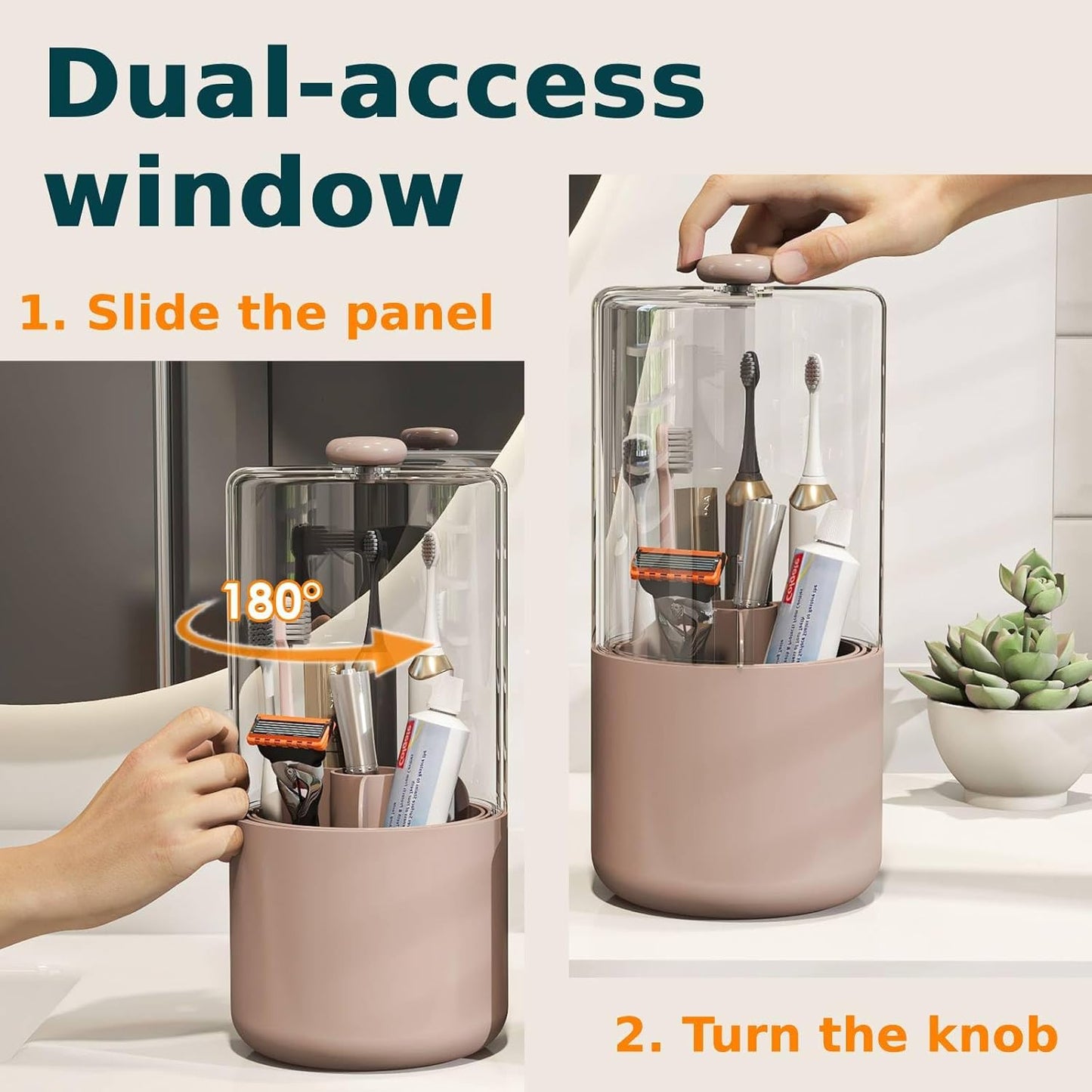 Toothbrush Holder with Cover 360 Rotating 4 Compartments Bathroom Toothpaste Electric Toothbrush Organizer, Pink