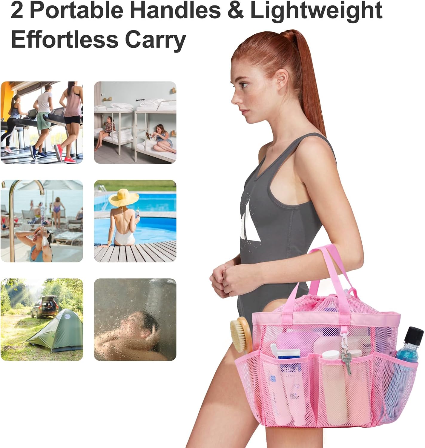 F-color Mesh Shower Caddy Portable with Drawstring - Upgrade Deeper 7 Pockets Dorm Room Essentials for Guys Girls with S Hook, Shower Bag Basket Tote for College Camping Toiletry Bathroom, Pink