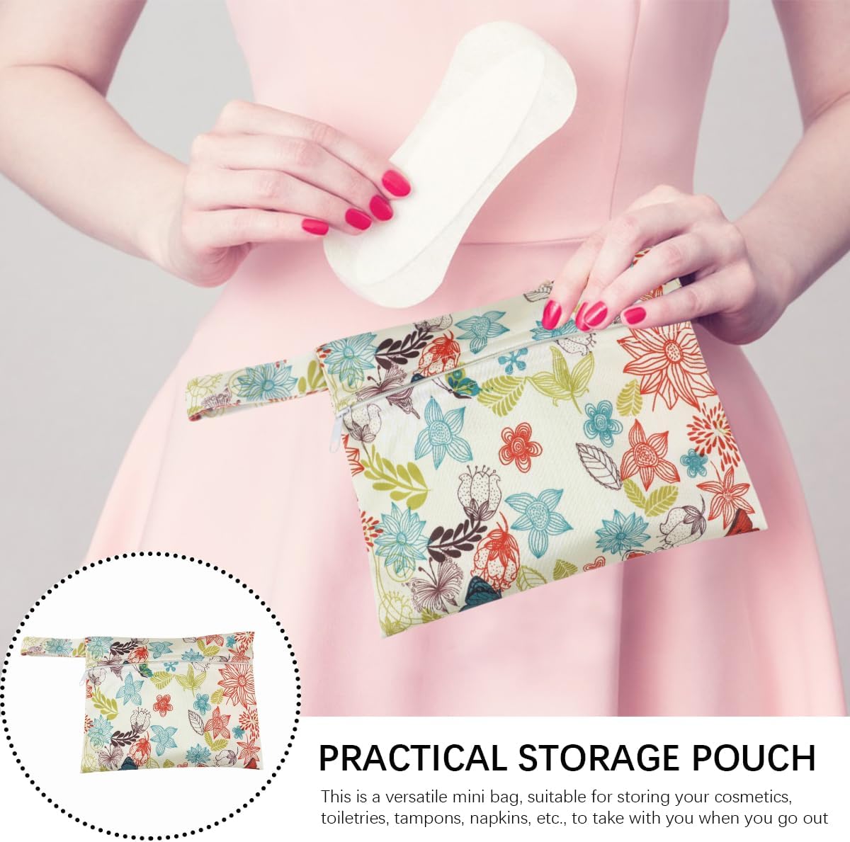 Sanitary Napkin Storage Bag Menstrual Pads Holder Bag Waterproof Period Bag Tampons Collect Bag Portable Mini Storage Pouch with Zipper for Women Girls (Flowers)