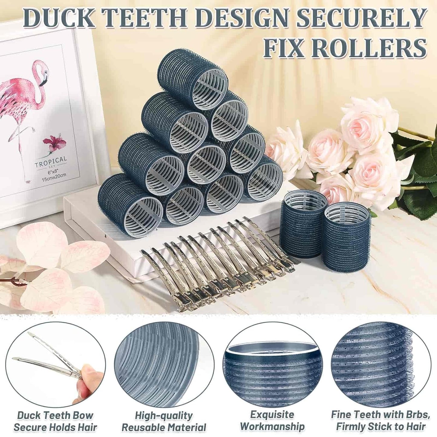 Acejoz Hair Rollers, 12Pcs Large Self Grip Hair Rollers with 12Pcs Stainless Steel Duckbill Clips, for Long Medium Thick Hair Volume (Navy Blue)