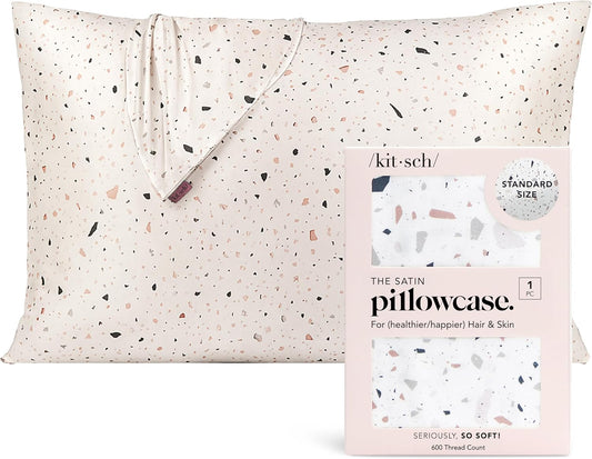 Kitsch Satin Pillowcase with Zipper for Hair & Skin, Softer Than Silk Pillow Cases Queen, Wrinkle-Free, Smooth and Cooling Satin Pillow Covers, Standard Size 19"x26", White Terrazzo