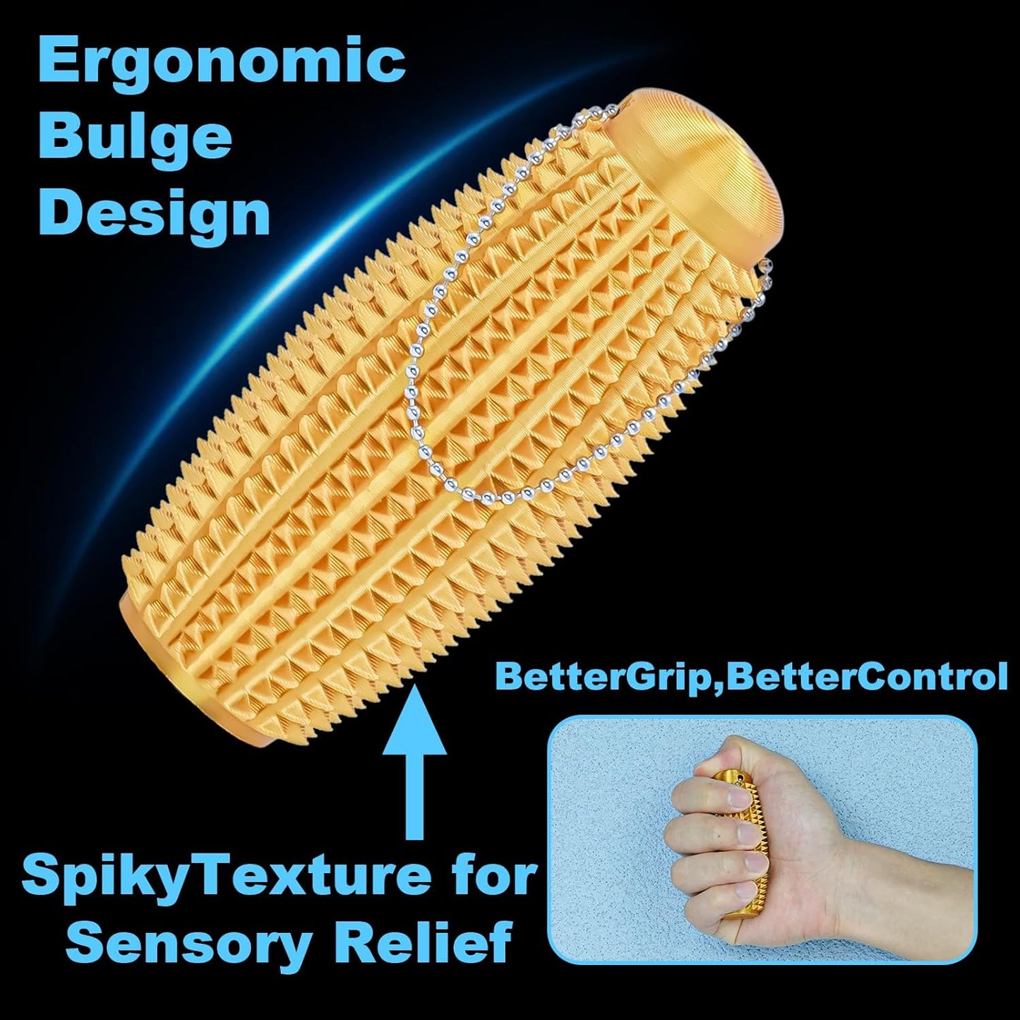 2 Pack Pain Stim Fidget Roller for Adults and Teens Spiky Sensory Hand Toy for Stress and Anxiety Relief, 3D Printed Discreet Keychain Fidget for Focus and Tactile Engagement(Gold+Gold)