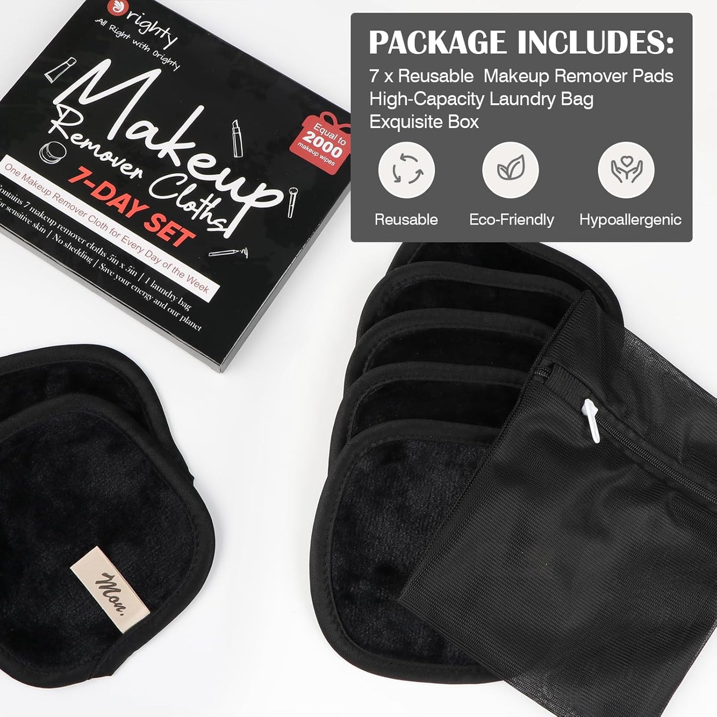 Orighty Makeup Remover Cloths 7-Day Set, Premium & Reusable Makeup Remover Pads, Erase Make-up With Just Water, Make-up Set For Eyes, Lips, Foundation and more, Ideal Choice For Women (Black)