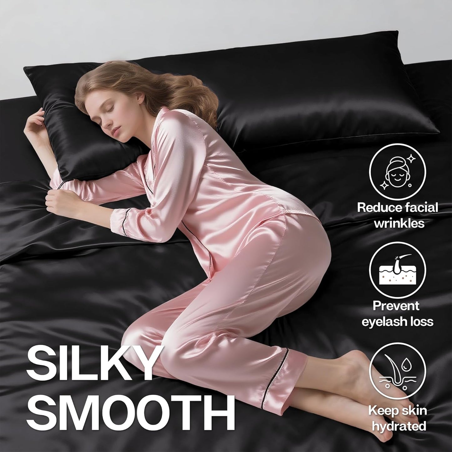 MR&HM Satin Body Pillow Cover, Soft and Breathable Body Pillow Case with Envelope Closure, Cooling and Silky Long Pillowcase for Hair and Skin,Grey (20x54, Black)