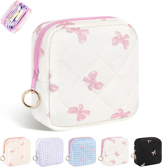 Period Bag for Teen Girls, Quilted Sanitary Napkin Storage Bag, Cute Bow Tie Menstrual Pad Pouch Tampon Holder (White)
