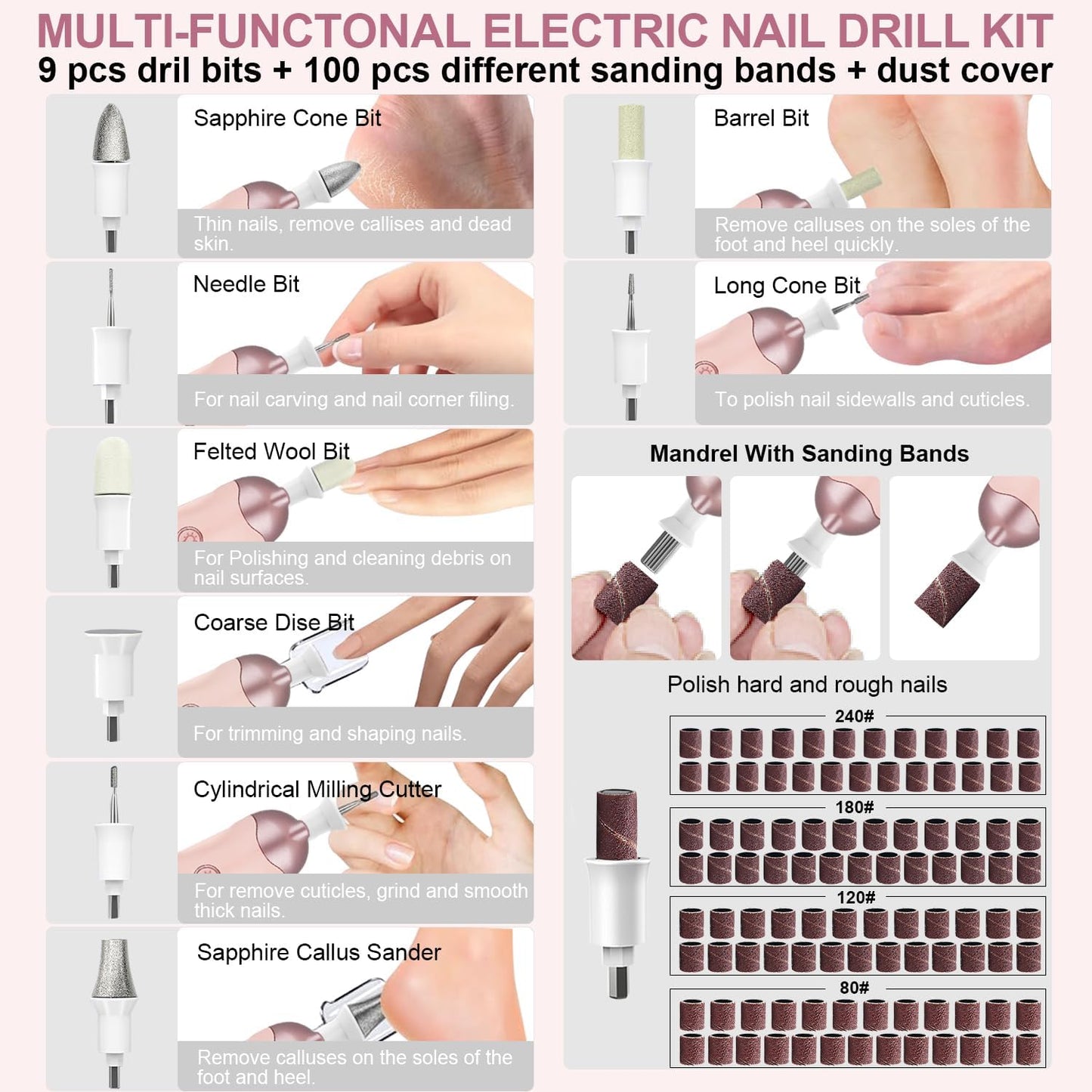 2 Pack 9-in-1 Cordless Nail Drill Nail Care with 100 Bits, 5 Speeds, Home & Salon Ready,Pink