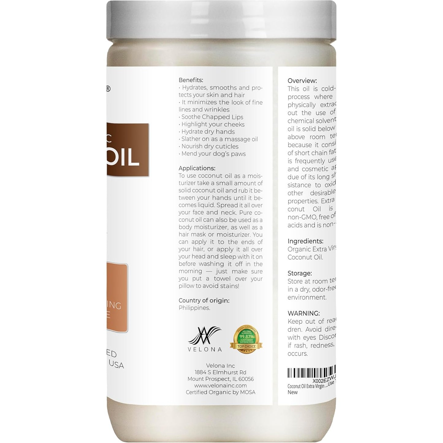 Velona USDA Certified Organic Coconut Oil Extra Virgin - 32 fl oz | Food and Cosmetic Grade | in jar | Extra Virgin, Cold Pressed
