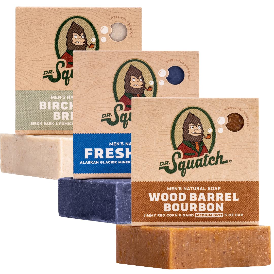 Dr. Squatch Natural Bar Soap for Men - Cold Process Soap with No Harsh Chemicals - Wood Barrel Bourbon, Fresh Falls & Birchwood Breeze (5 oz, 3-Pack)