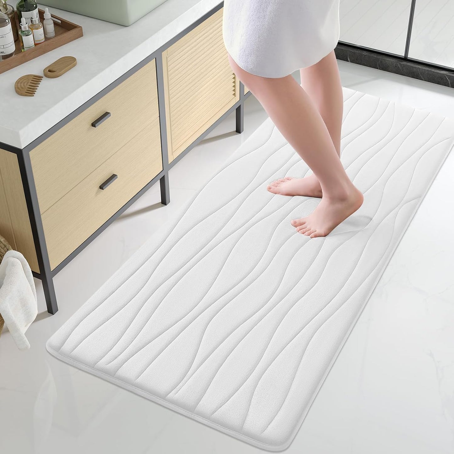 Buganda Memory Foam Bathroom Rug Mat 54x24, Extra Soft and Absorbent Bath Mats, Non-Slip and Machine Washable Bath Rugs for Bathroom Floor,Tub and Shower, White