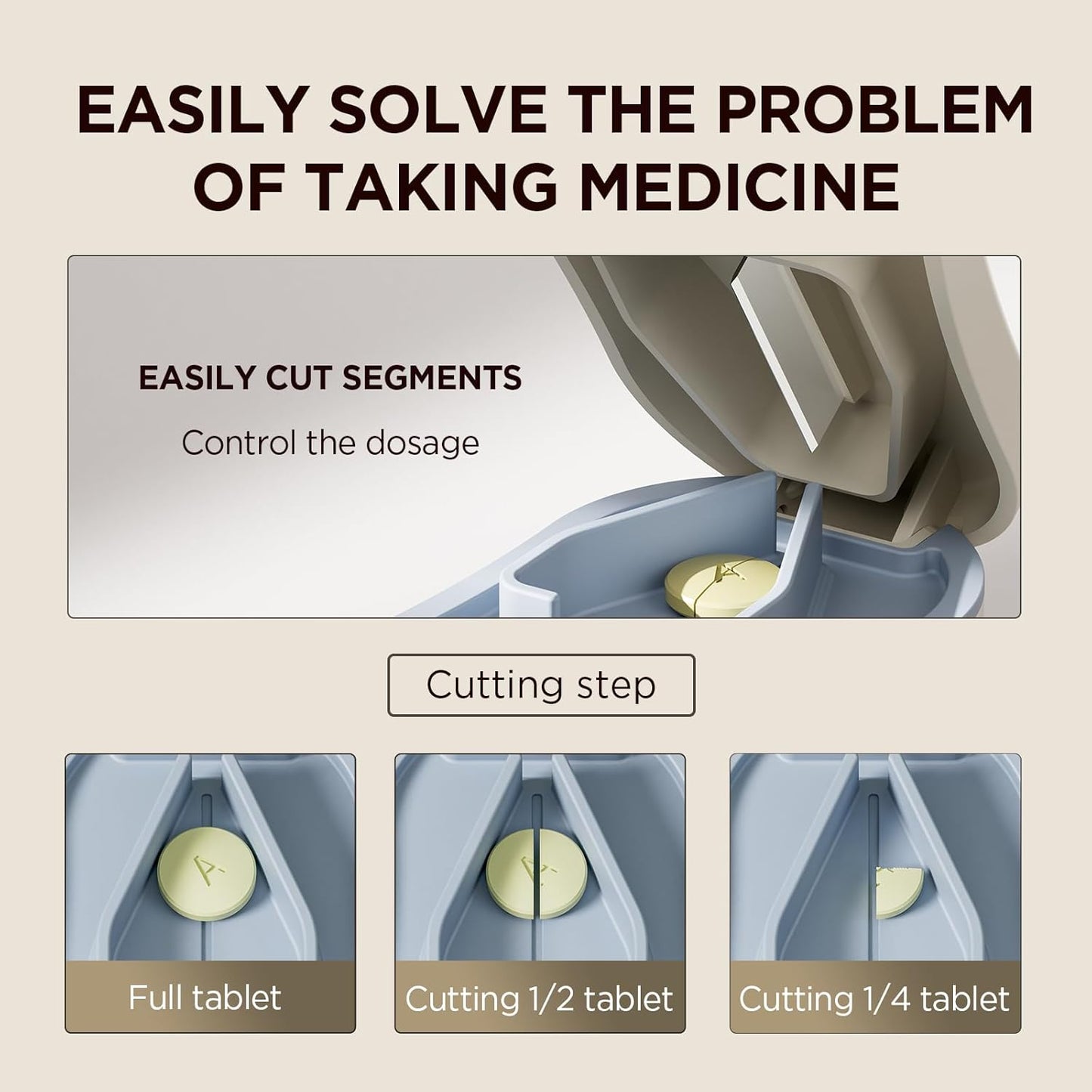 Pill Cutter for Small and Tiny Pills - Pill Splitter with Detachable Silicone Pad - Easy Open Snap Button. Wrap-Around Blade Guard Prevents Cuts. Back Storage (White)