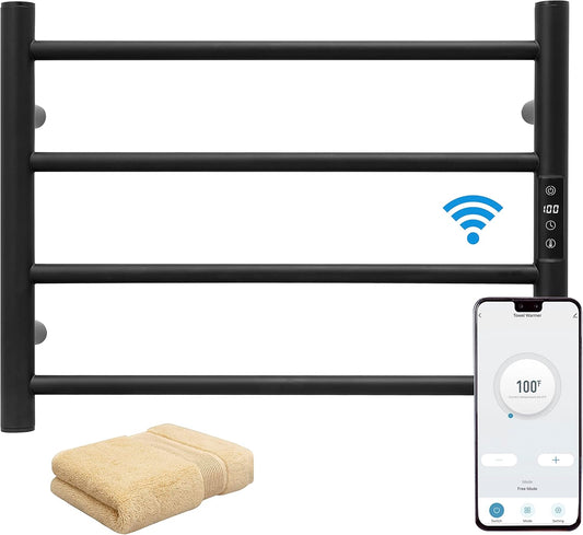 KEG Smart WiFi Towel Warmer Wall Mounted with Built-in Timer and Temperature Adjust Control, 4 Bars Electric Stainless Steel Heated Towel Racks for Bathroom Matte Black