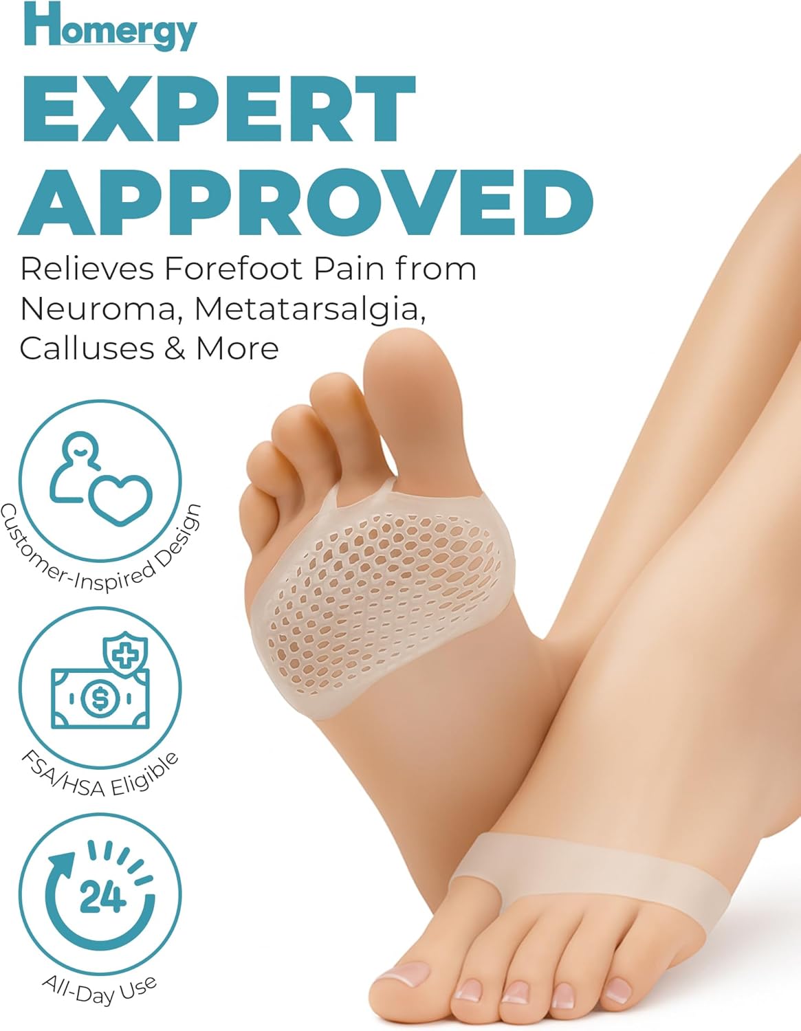 Homergy Metatarsal Foot Pads - Soft Gel Ball of Foot Cushions for Pain Relief, Ultra-Thin Sleeve Design, Stays in Place, Breathable & Reusable - Fits Heels, Flats, Sneakers (4 Pads / 2 Pairs)