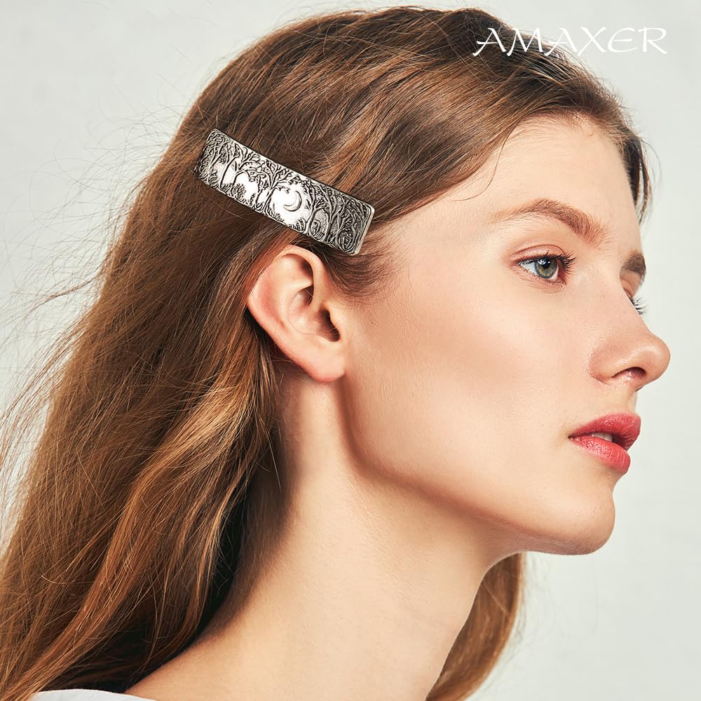 Amaxer Viking Gold Silver Barrettes for Women Girls Celtic Hair Clips for Thick Thin Hair Vintage French Hair Clips Hair Styling Accessories (Silver-Forest)