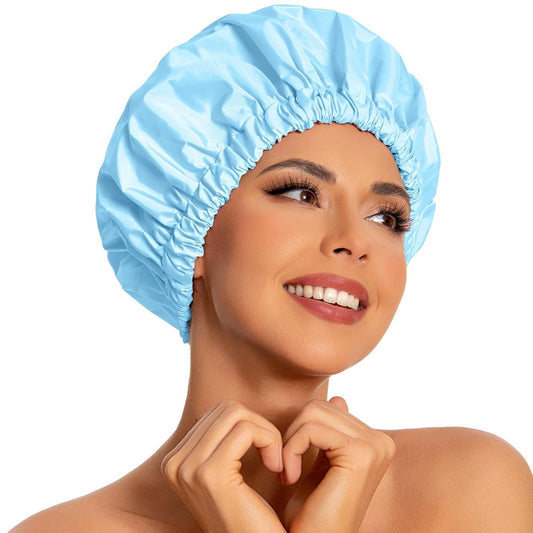 Reusable Shower Cap for Women, Large Waterproof Shower Essentials Bonnet Washable Elastic Band Bath Hair Wrap Hat for Long Hair, Braids(Light Blue)